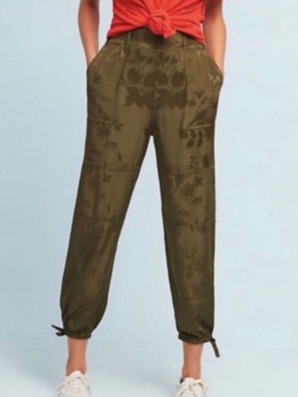 Anthropologie Utility Jogger Pants Women's Large Olive Green Jacquard Ankle Ties